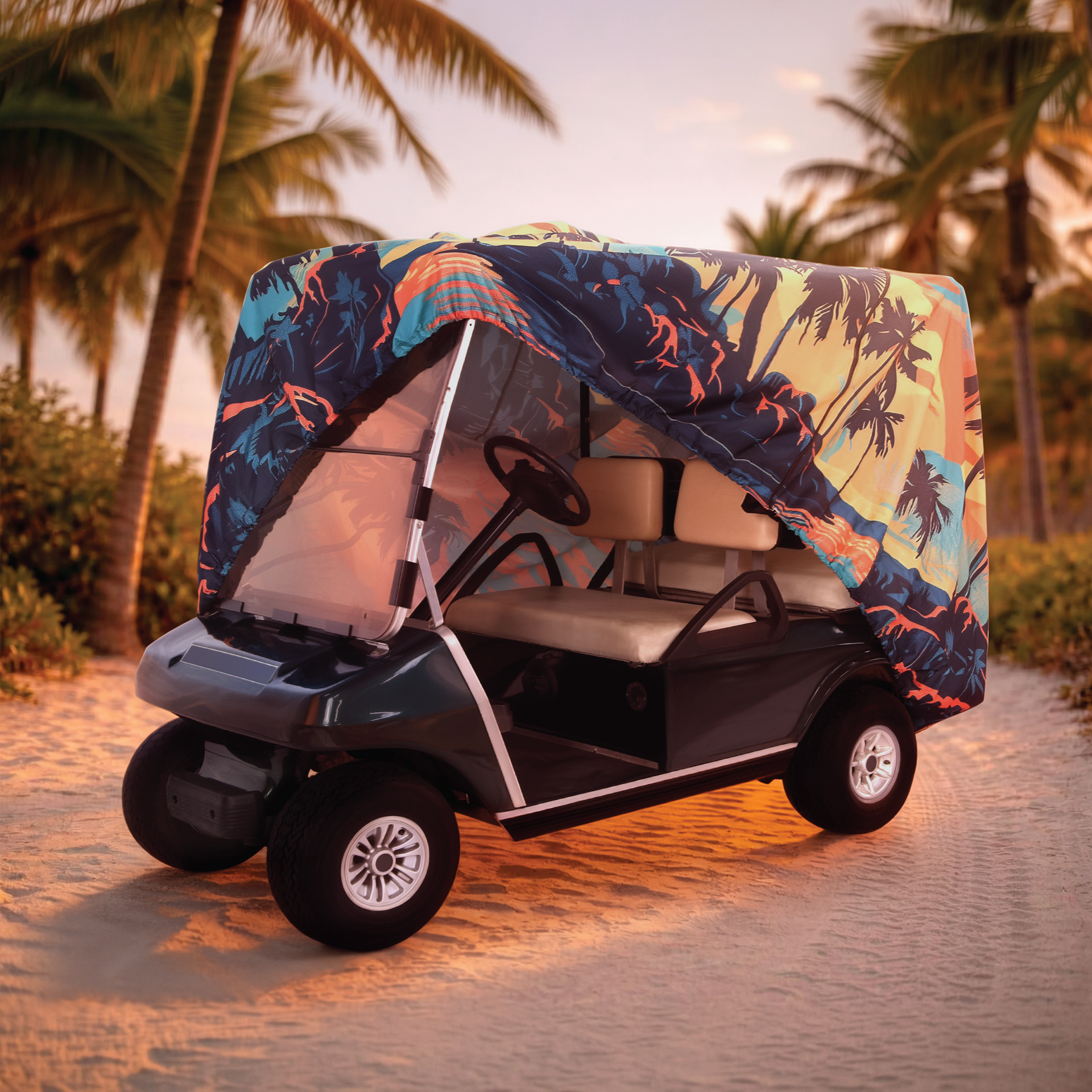 Palm Tree Island Golf Cart Cover fabric close-up detail
