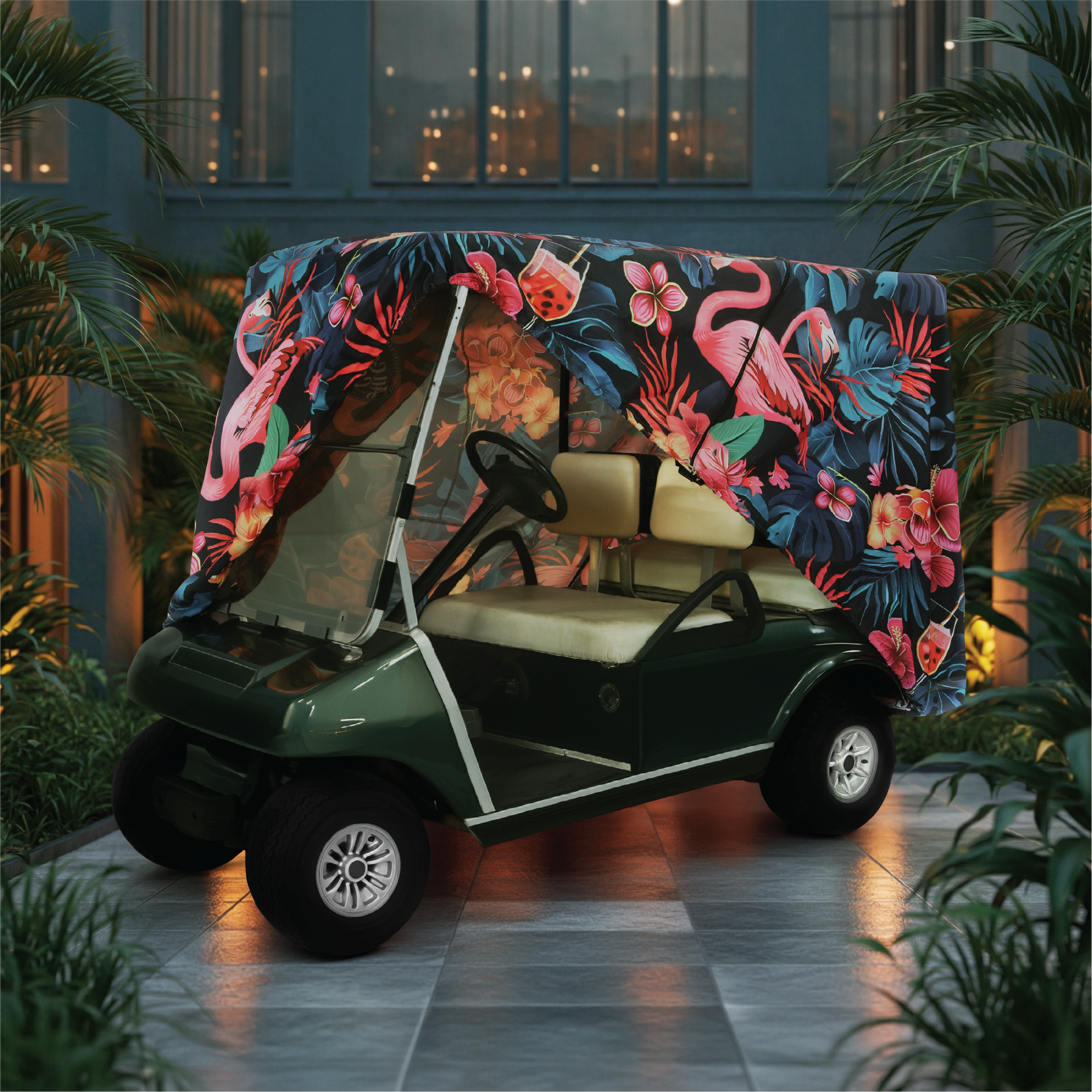 Flamingo Party Golf Cart Cover rear angle view
