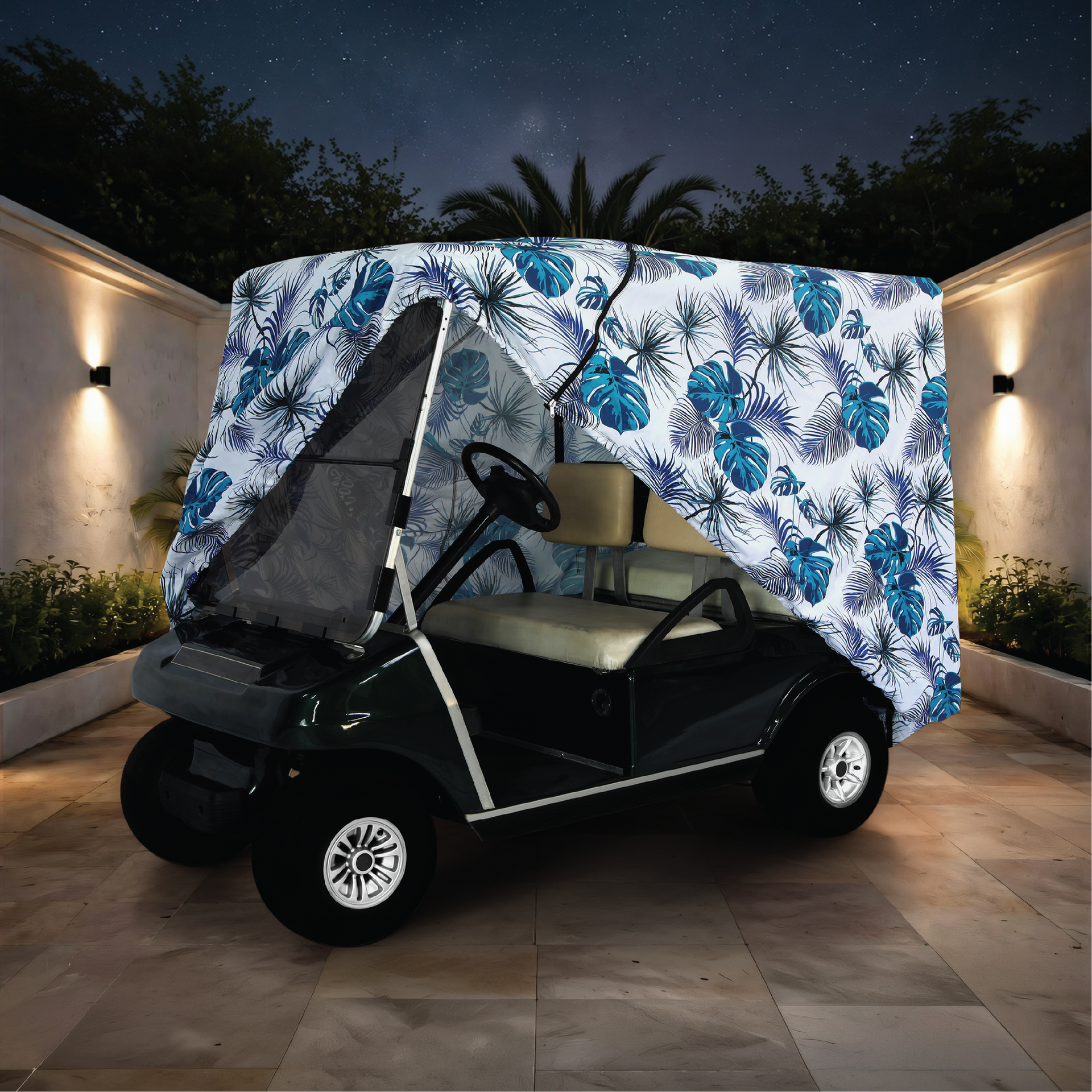 Teal Blue Tropics Golf Cart Cover rear angle view
