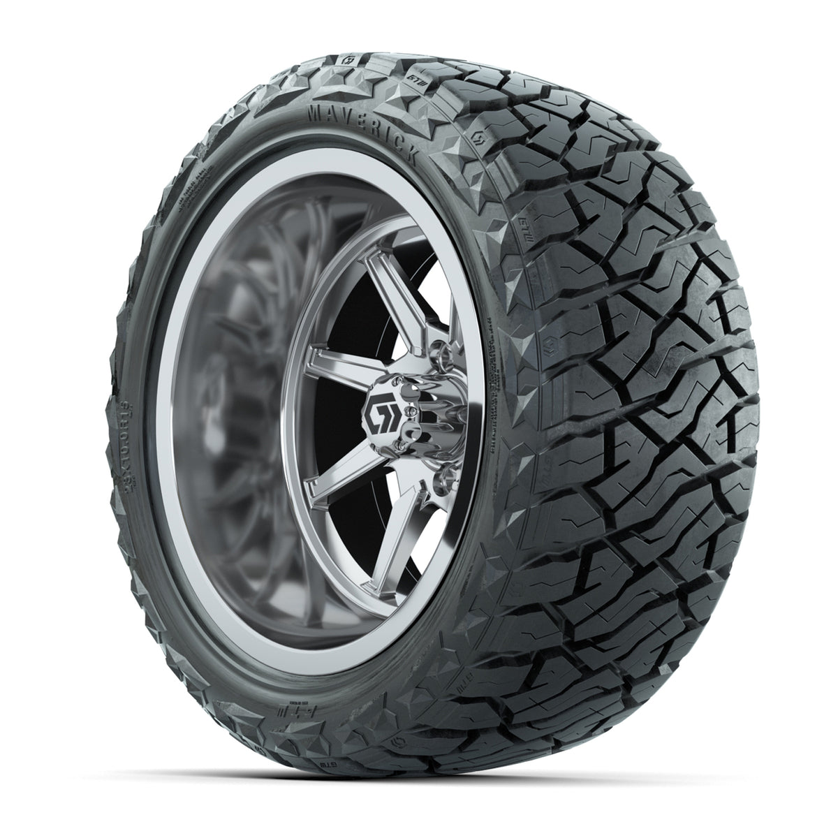 GTW Reaper Chrome 15" Wheels with 23X10-R15 Maverick Steel Belted Radial A/T Tires - Full Set