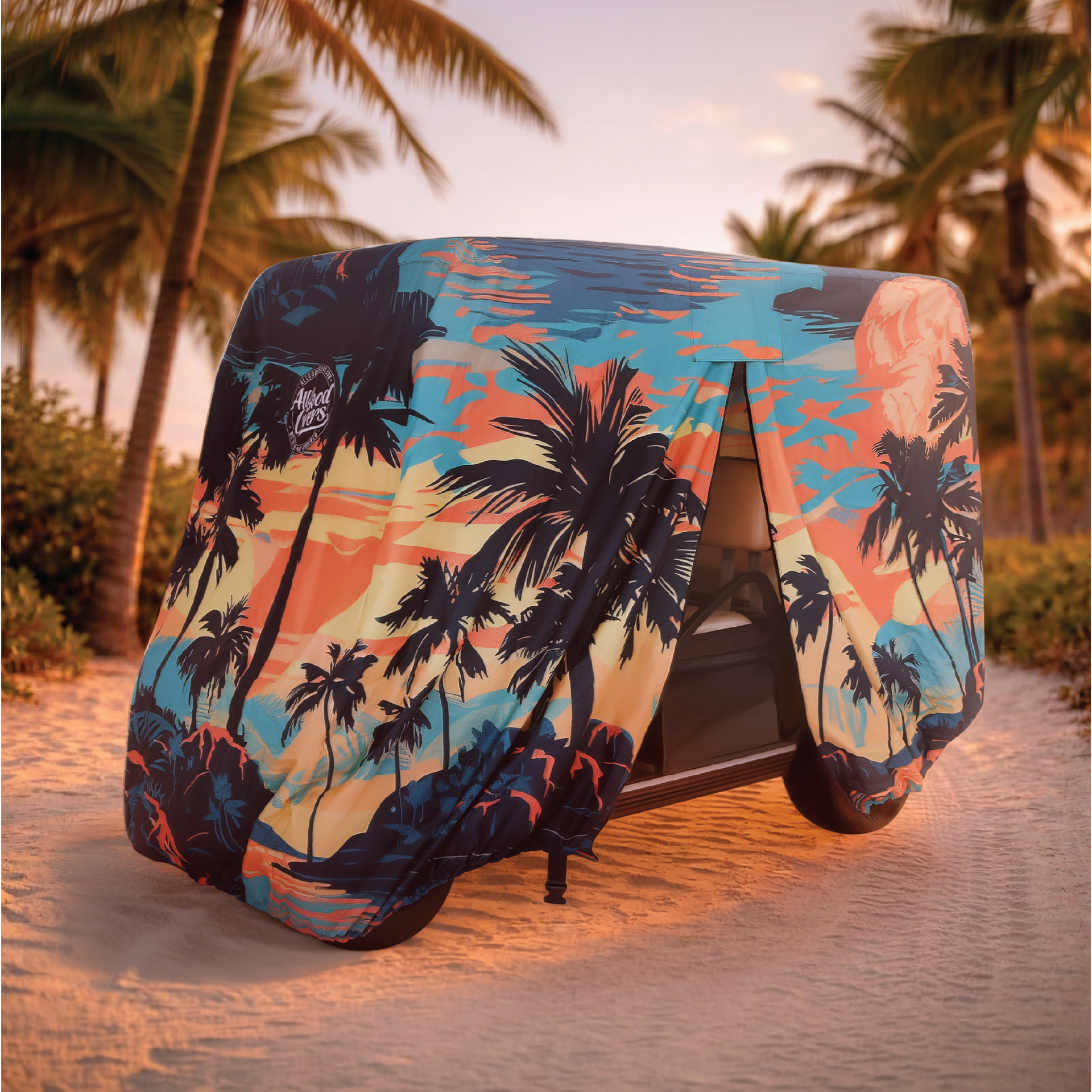 Palm Tree Island Golf Cart Cover installed on cart