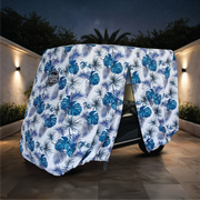 Teal Blue Tropics Golf Cart Cover folded for storage