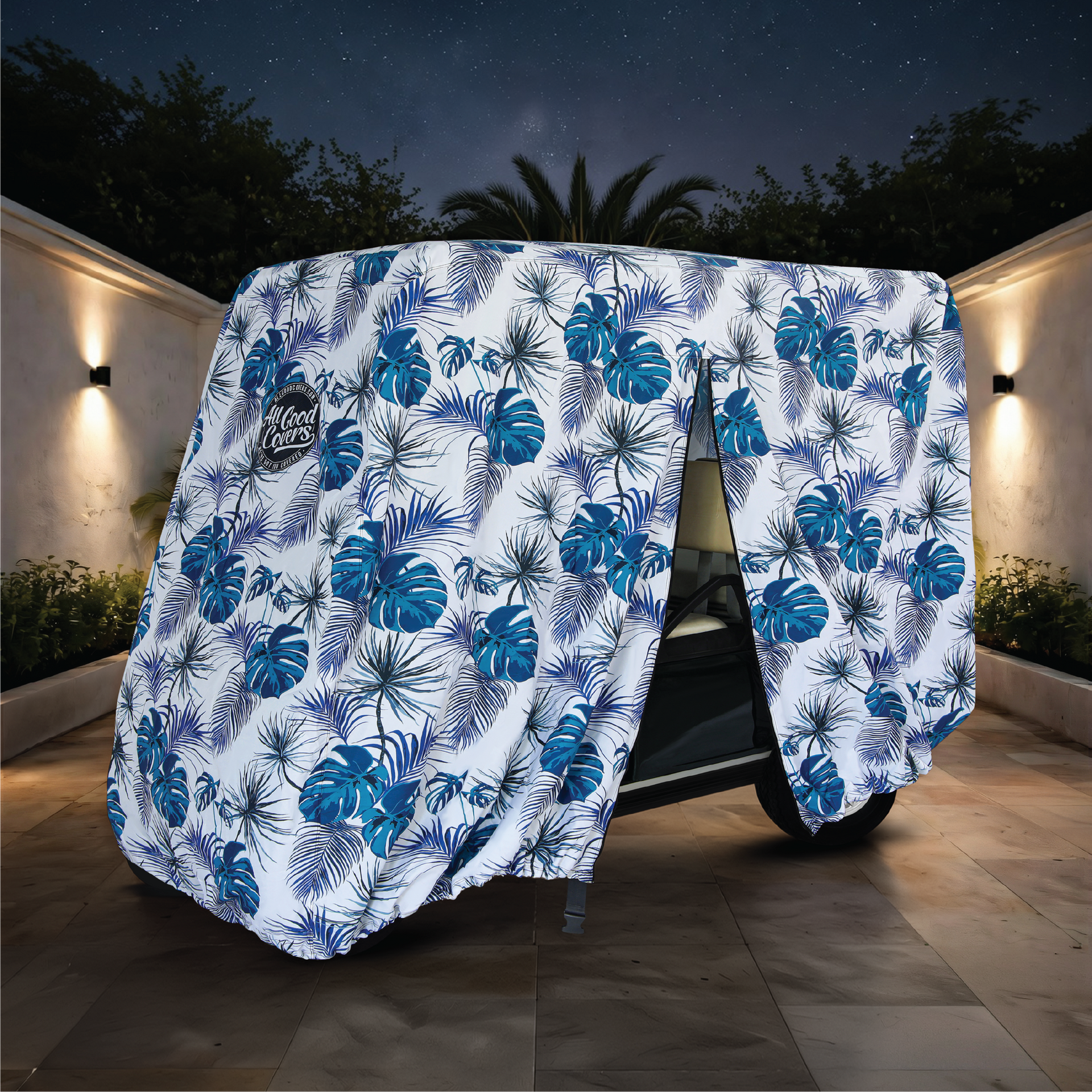 Teal Blue Tropics Golf Cart Cover folded for storage