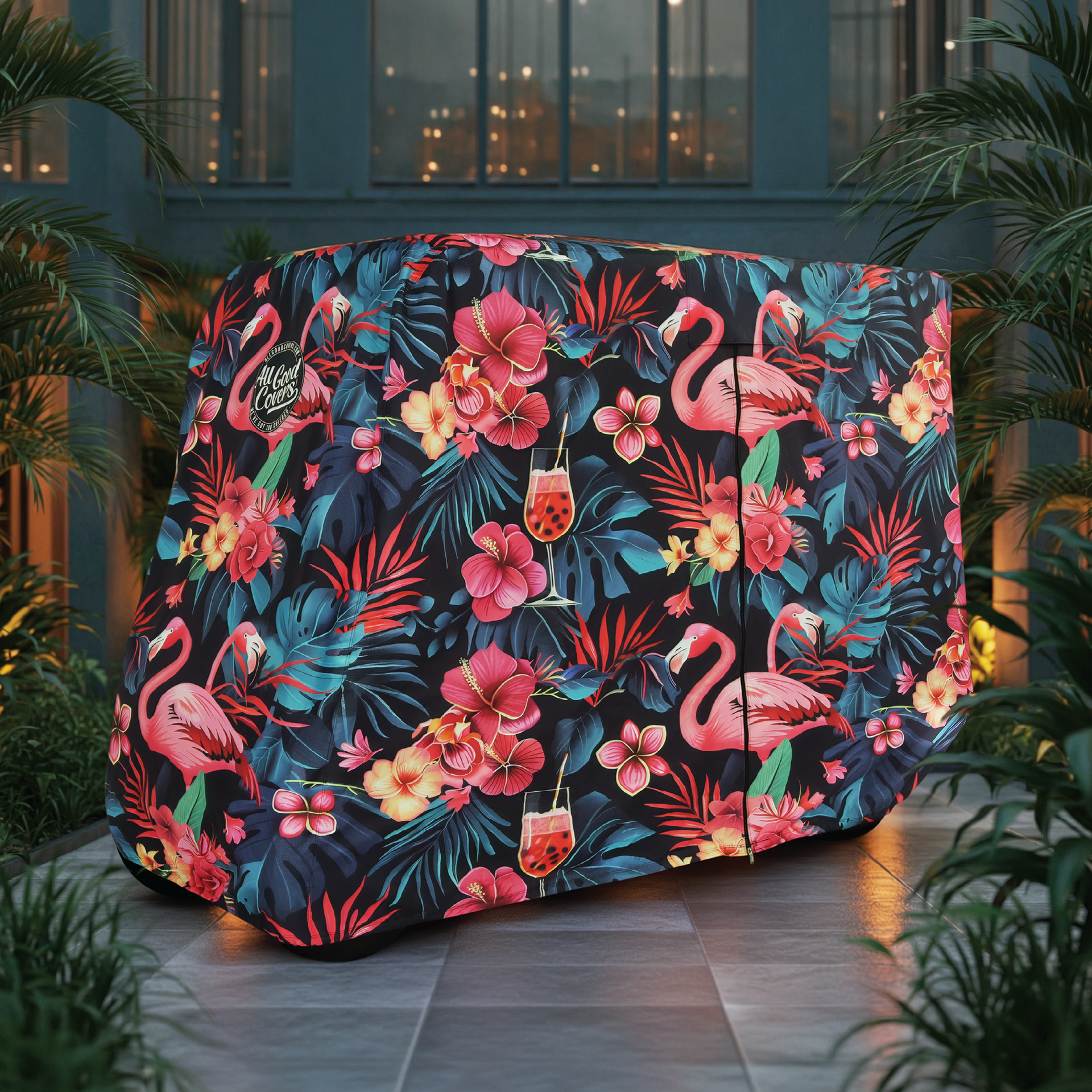Flamingo Party Golf Cart Cover installed on cart
