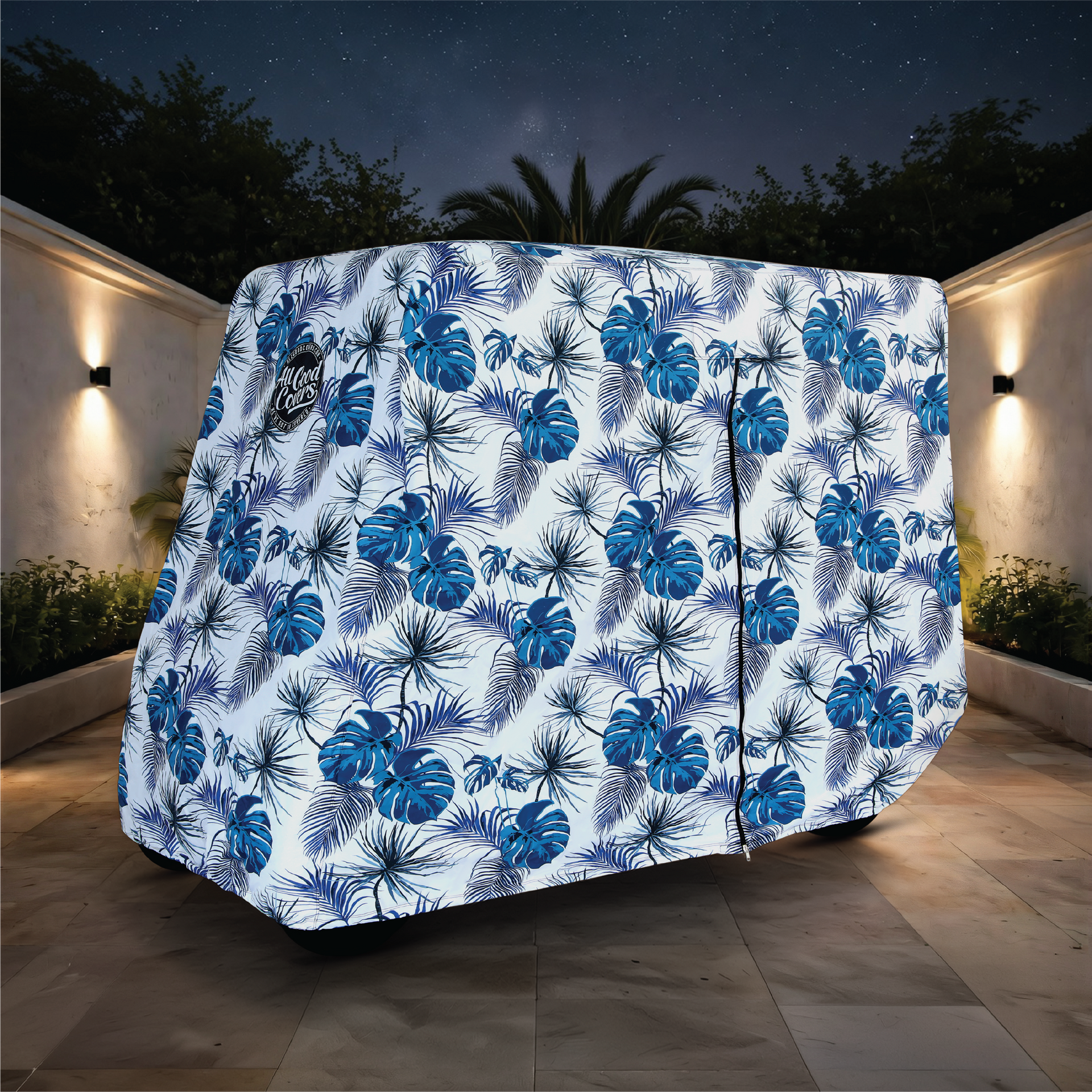 Teal Blue Tropics Golf Cart Cover front view