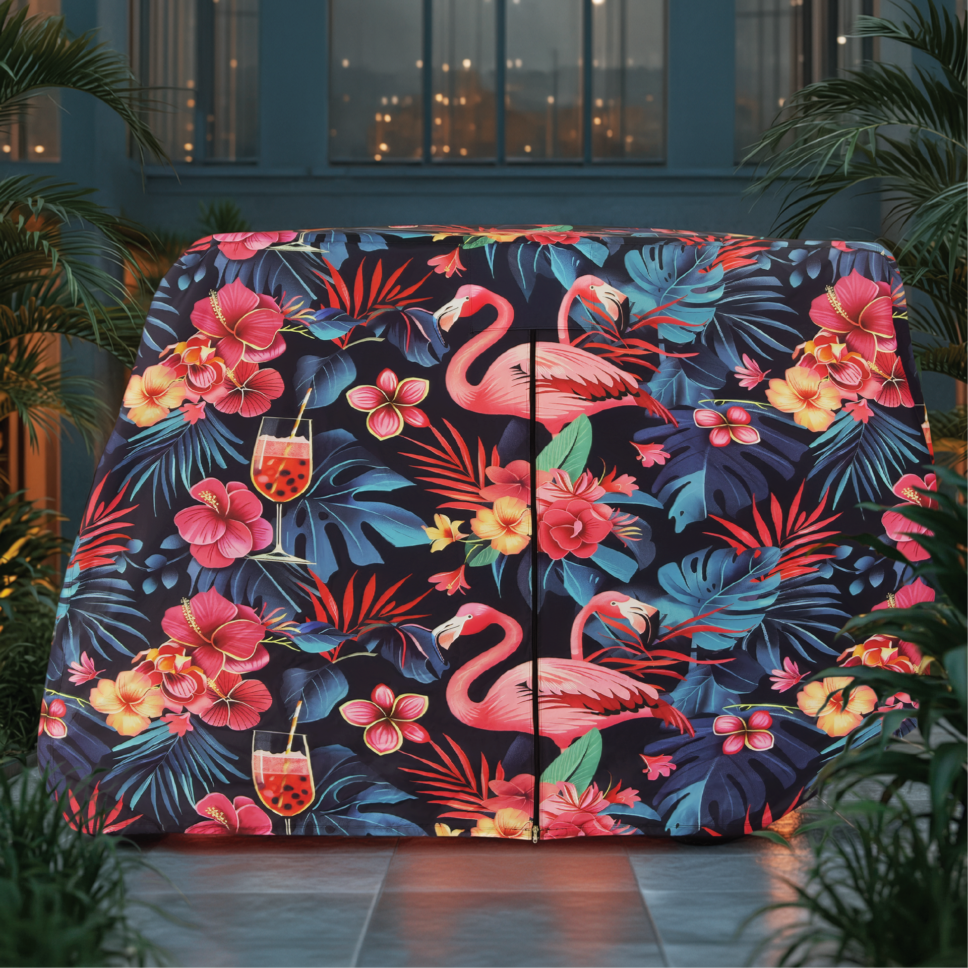 Flamingo Party Golf Cart Cover folded for storage