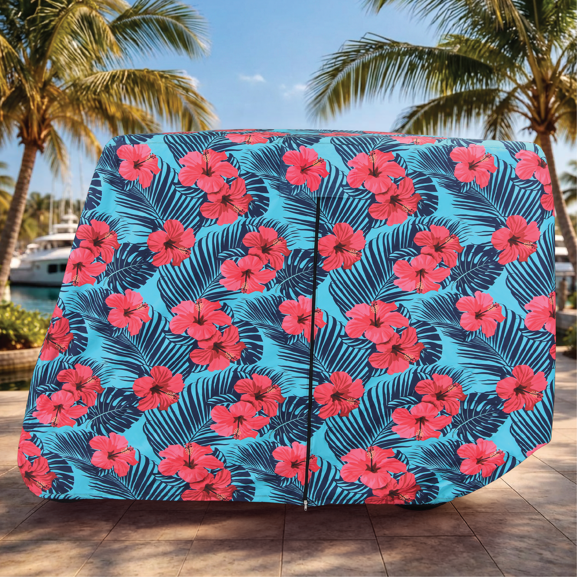 Hibiscus Golf Cart Cover installed on cart