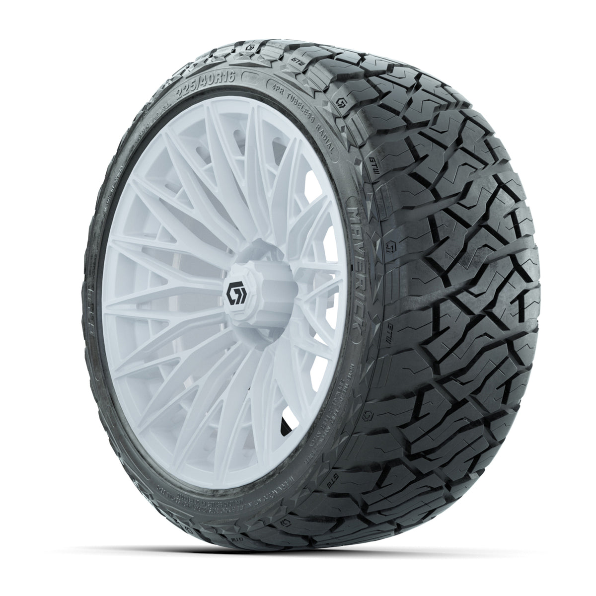 GTW 16" Blur Gloss White Golf Cart Wheels & 225/40R16 Maverick All-Terrain Tires