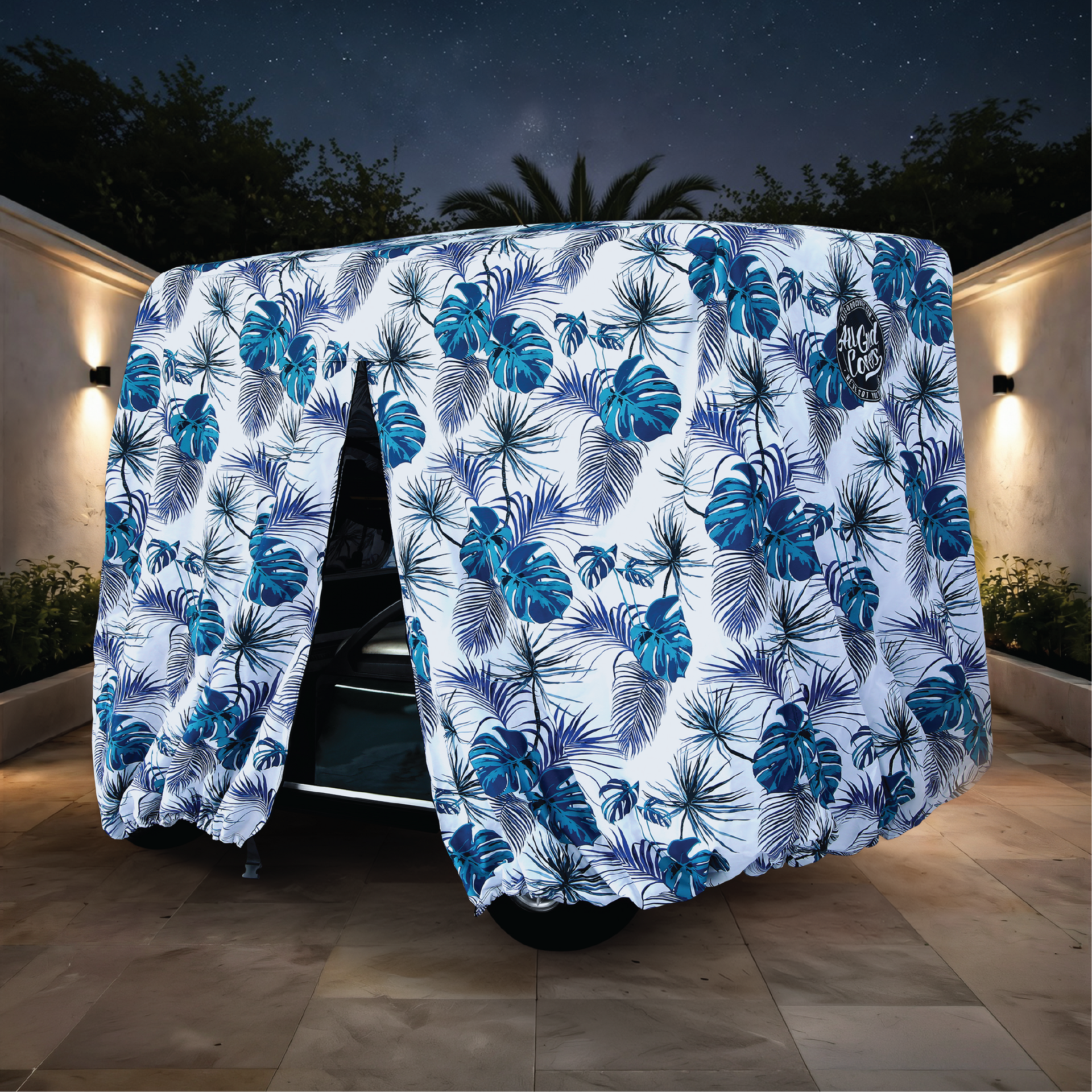 Teal Blue Tropics Golf Cart Cover installed on cart