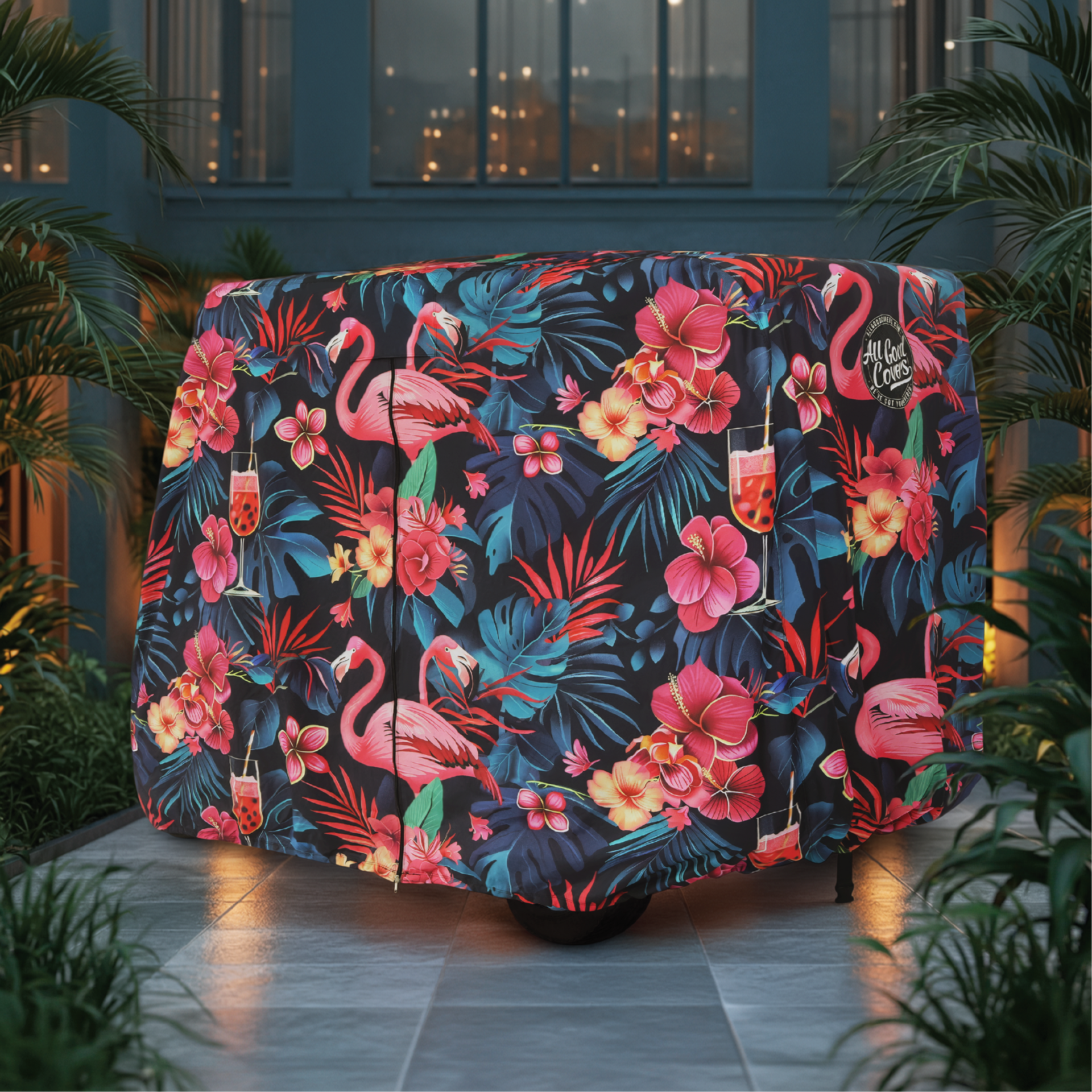 Flamingo Party Golf Cart Cover fabric close-up detail