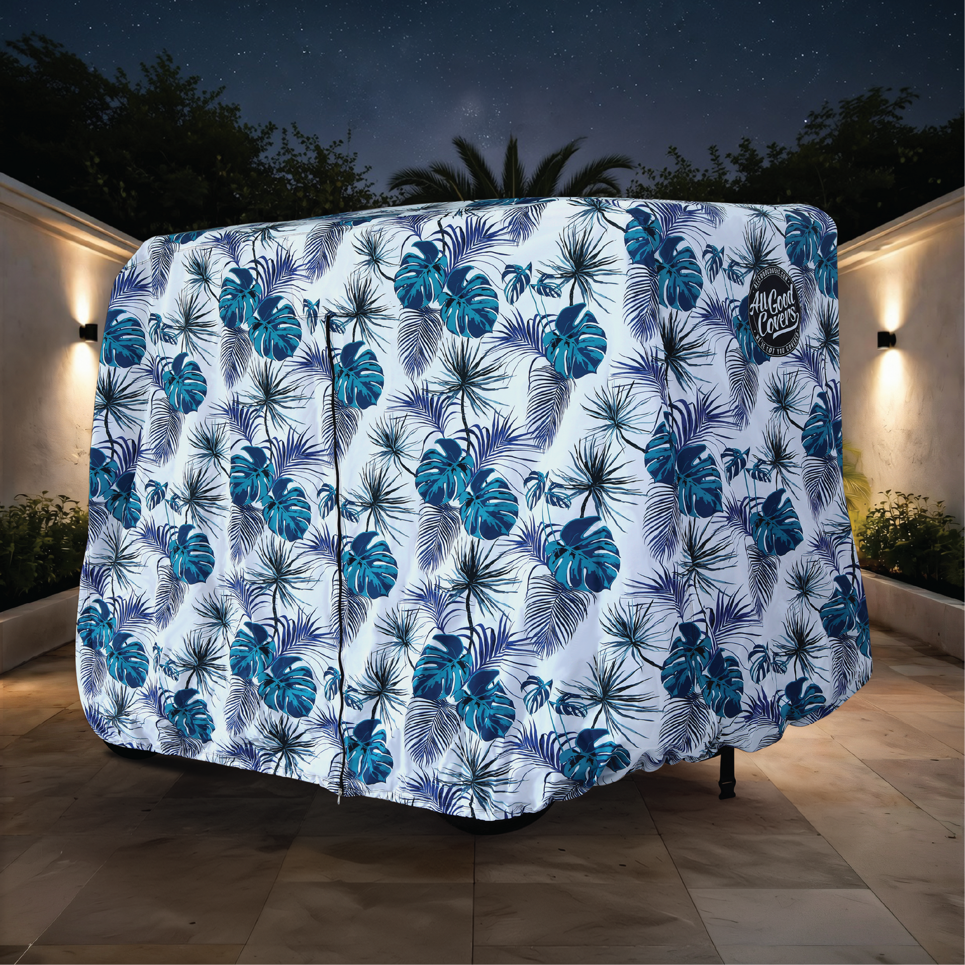Teal Blue Tropics Golf Cart Cover side view