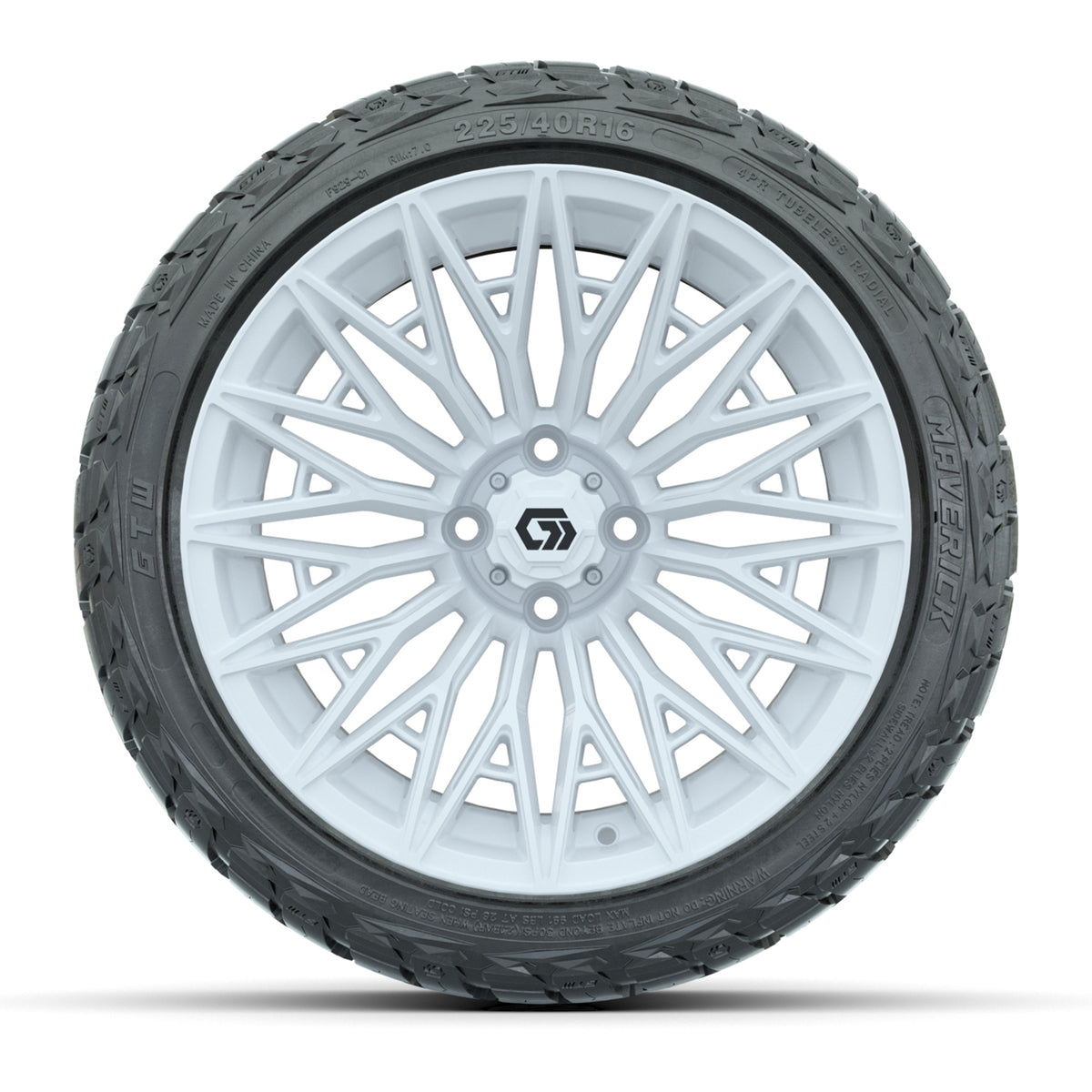GTW 16" Blur Gloss White Golf Cart Wheels & 225/40R16 Maverick All-Terrain Tires