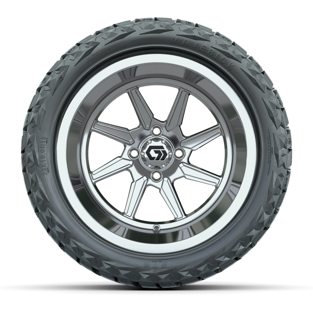 GTW Reaper Chrome 15" Wheels with 23X10-R15 Maverick Steel Belted Radial A/T Tires - Full Set