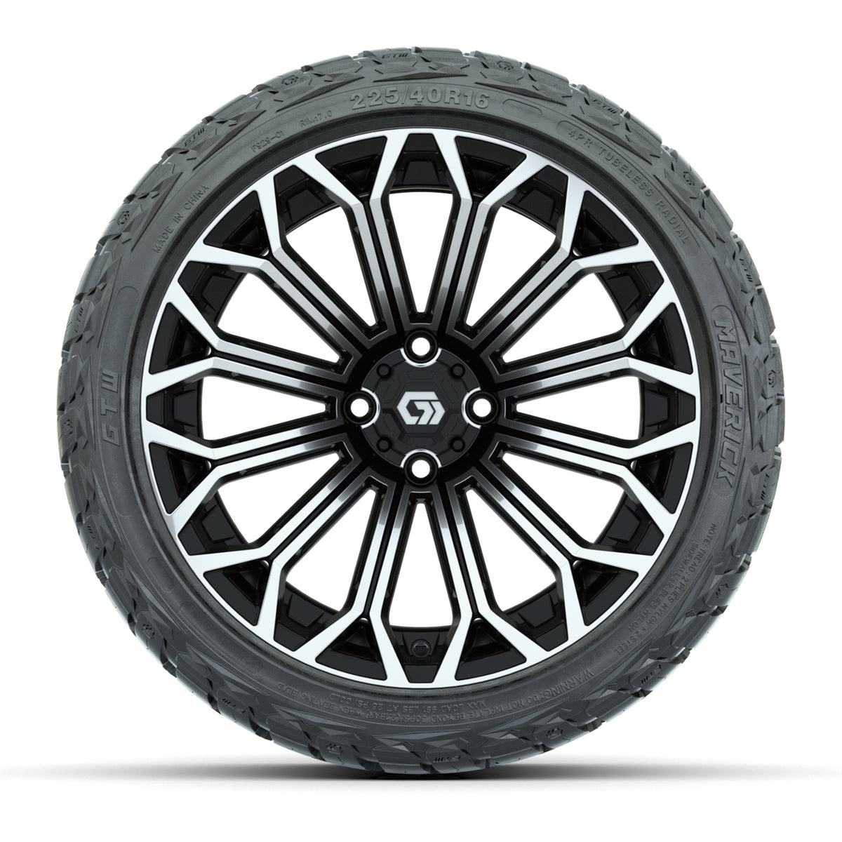 GTW® Phantom Black/Machined 16" Golf Cart Wheels with 225/40-R16 Maverick A/T Tires - Full Set