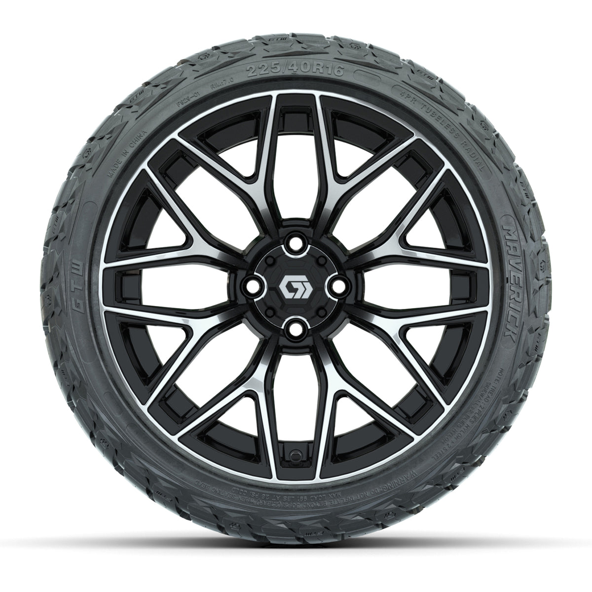 GTW Monaco Black/Machined 16" Golf Cart Wheels & 225/40-R16 Maverick Street Tires