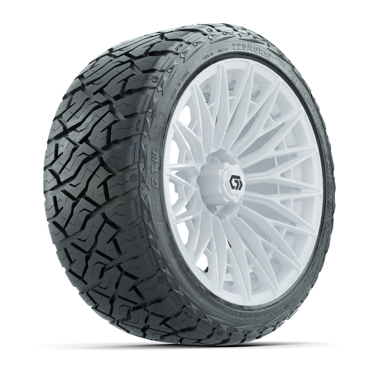 GTW 16" Blur Gloss White Golf Cart Wheels & 225/40R16 Maverick All-Terrain Tires