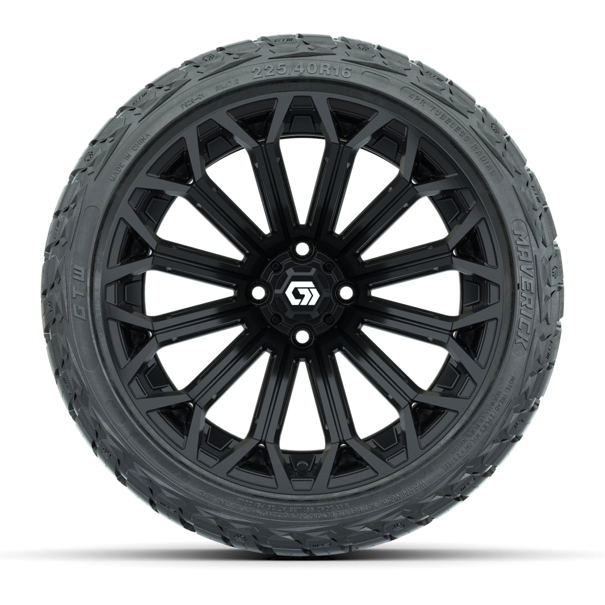 GTW® Phantom Gloss Black 16" Golf Cart Wheels & 225/40-R16 Maverick A/T Tires - Full Set