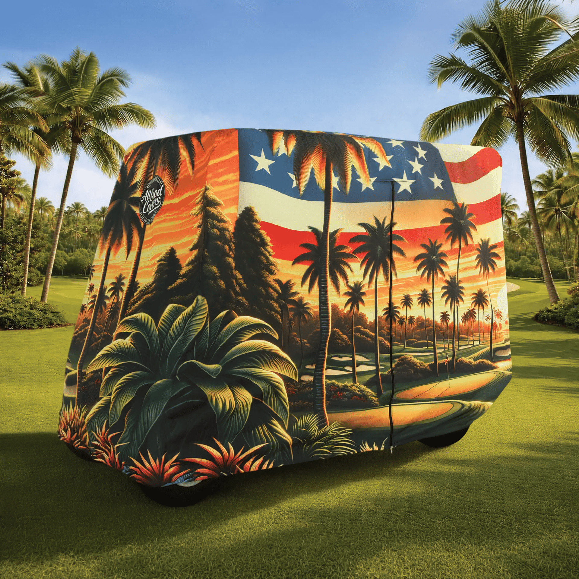 Golf cart cover fully installed front left angle view - Fits Club Car EZGO Yamaha 4-Passenger